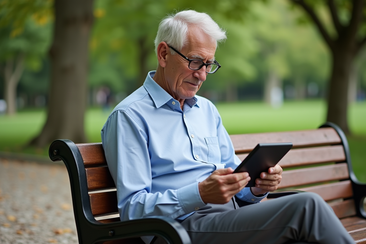 Homme âgé lisant sur une liseuse dans un parc verdoyant