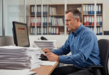 Homme d'âge moyen préoccupé par des documents au bureau
