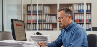 Les erreurs fréquentes en sécurité informatique que les PME doivent éviter Homme d'âge moyen préoccupé par des documents au bureau