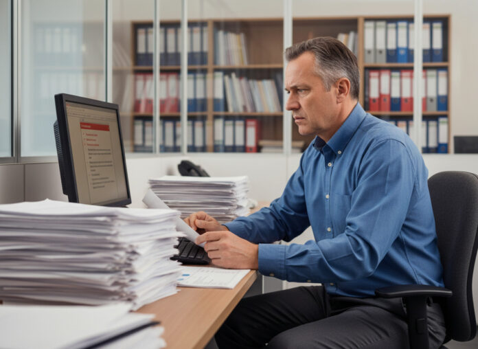 homme-concerned-documents-bureau Homme d'âge moyen préoccupé par des documents au bureau