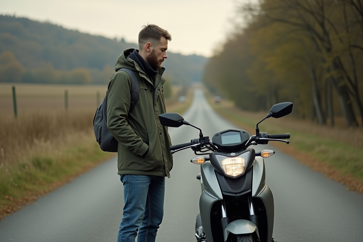 Homme inspectant moto 125cc en campagne paisible