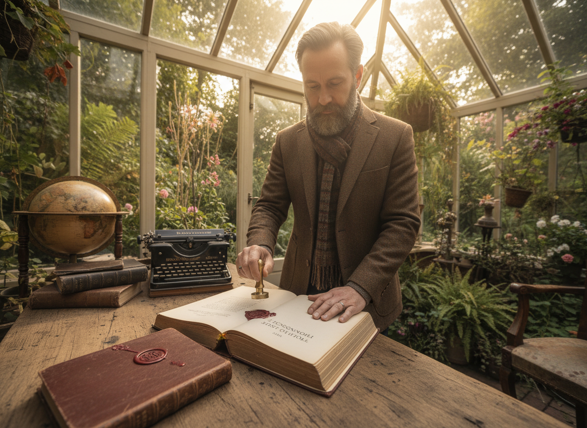 Homme embossant un livre ancien dans un jardin ensoleille