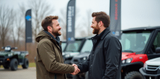 Les astuces pour réduire le prix d’achat de votre quad homologué Homme souriant serrant la main d'un conseiller avec un quad neuf