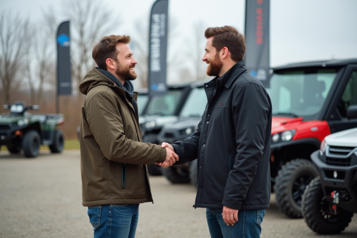 homologation-quads-accord-voiture Homme souriant serrant la main d'un conseiller avec un quad neuf