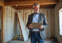 Améliorer la performance énergétique d’un bâtiment : astuces pratiques et efficaces Homme inspectant l'isolation dans une maison en rénovation