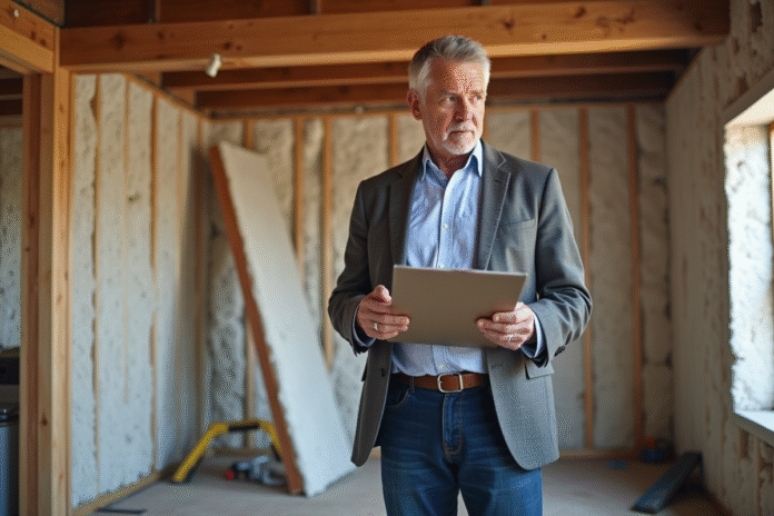Homme inspectant l'isolation dans une maison en rénovation