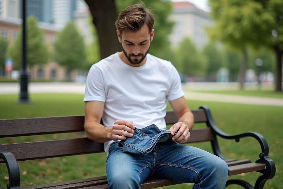 Jeune homme examinant ses jeans dans un parc