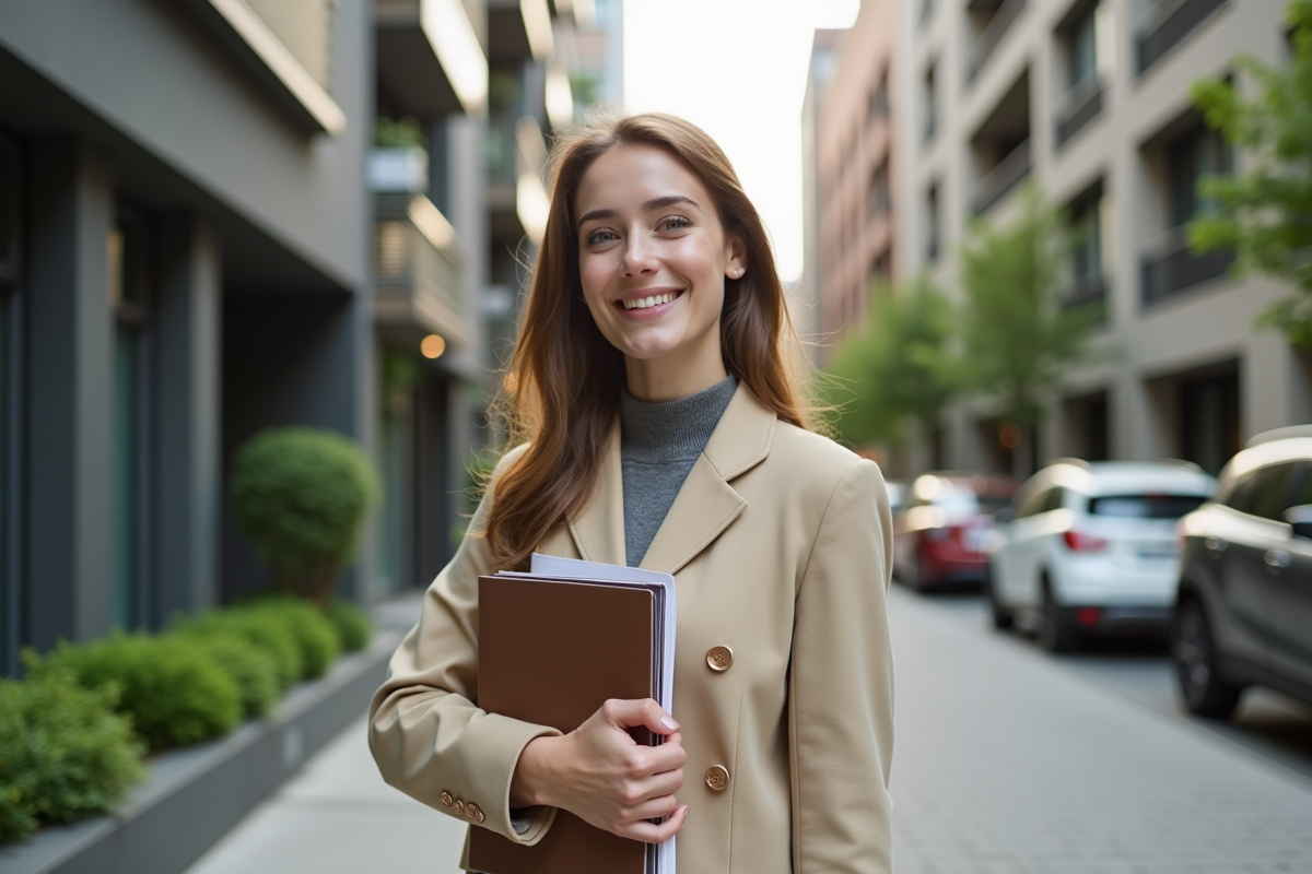 Jeune femme souriante devant un immeuble résidentiel