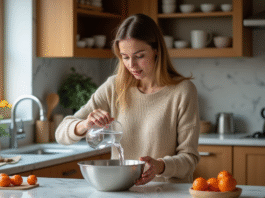 Jeune femme en cuisine verse de leau dans un bol en inox