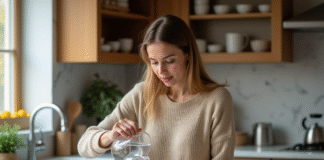 50 ml en cl, conversions fiables et repères de base en cuisine Jeune femme en cuisine verse de leau dans un bol en inox