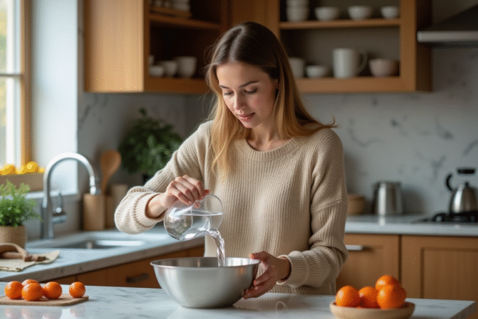 Jeune femme en cuisine verse de leau dans un bol en inox