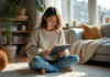Jeune femme lisant un ebook dans un salon lumineux