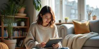 Jeune femme lisant un ebook dans un salon lumineux