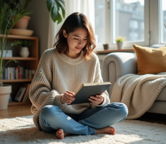Jeune femme lisant un ebook dans un salon lumineux