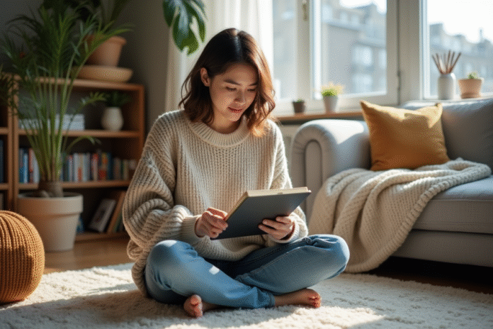 Jeune femme lisant un ebook dans un salon lumineux