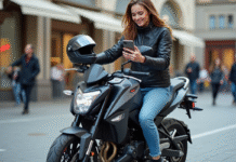 Découvrir la meilleure moto 125 neuve au meilleur prix : nos recommandations Jeune femme en moto urbaine avec smartphone et sourire