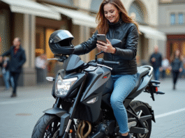 Jeune femme en moto urbaine avec smartphone et sourire