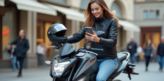 Découvrir la meilleure moto 125 neuve au meilleur prix : nos recommandations Jeune femme en moto urbaine avec smartphone et sourire