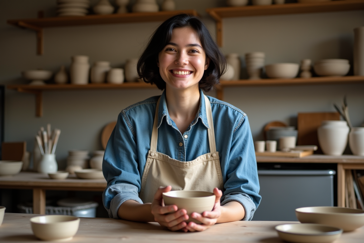 Jeune femme tenant une coupe en céramique fraîchement moulée