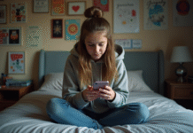 Impact des médias sociaux sur la vie : enjeux et conséquences à connaître Jeune fille en hoodie et jeans sur son lit avec smartphone