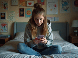 Jeune fille en hoodie et jeans sur son lit avec smartphone