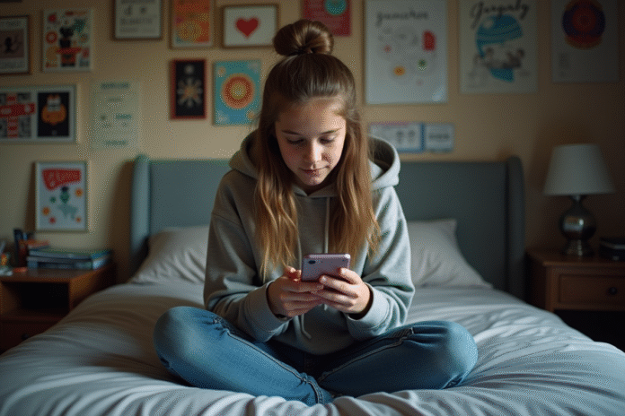 jeune-fille-smartphone-chambre Jeune fille en hoodie et jeans sur son lit avec smartphone