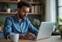 Jeune homme en bureau à domicile avec VPN sur écran