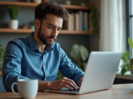 Jeune homme en bureau à domicile avec VPN sur écran