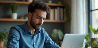 Jeune homme en bureau à domicile avec VPN sur écran