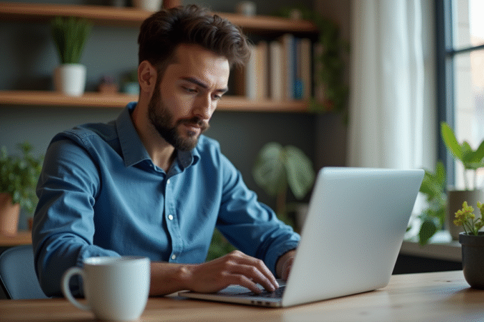 Jeune homme en bureau à domicile avec VPN sur écran