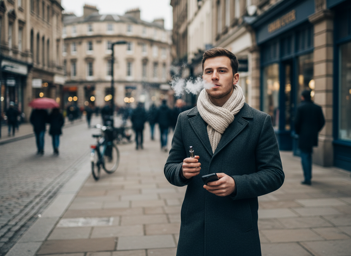 Jeune homme exhalant vapeur d