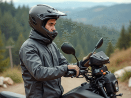 Jeune homme en motocross ajustant son casque tout-terrain