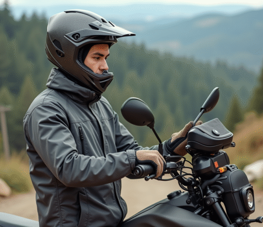 Jeune homme en motocross ajustant son casque tout-terrain