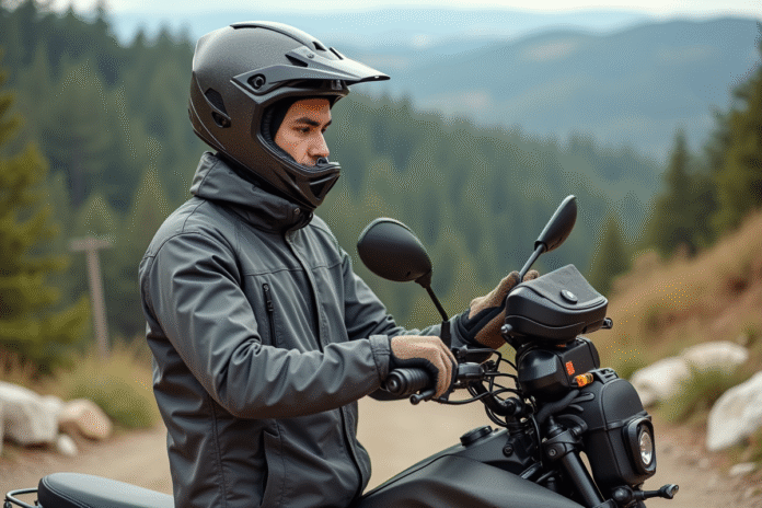 Jeune homme en motocross ajustant son casque tout-terrain