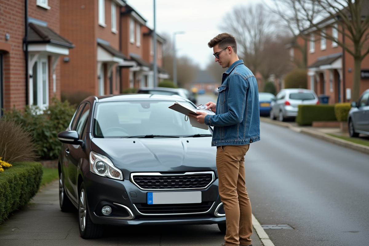Jeune homme avec voiture en driveway lisant documents