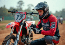 Jeune motocross homme en pleine préparation sur sa moto