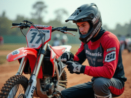 Jeune motocross homme en pleine préparation sur sa moto