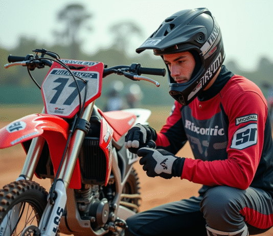 Jeune motocross homme en pleine préparation sur sa moto