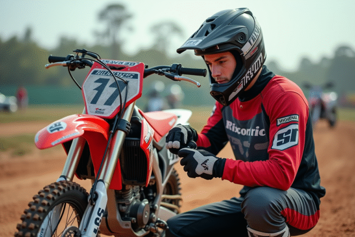 Jeune motocross homme en pleine préparation sur sa moto