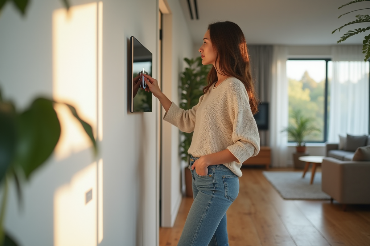 Jeune femme ajustant un thermostat intelligent dans un appartement moderne