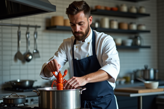 chef-lobster-cuisine Chef en cuisine préparant un homard dans une grande casserole