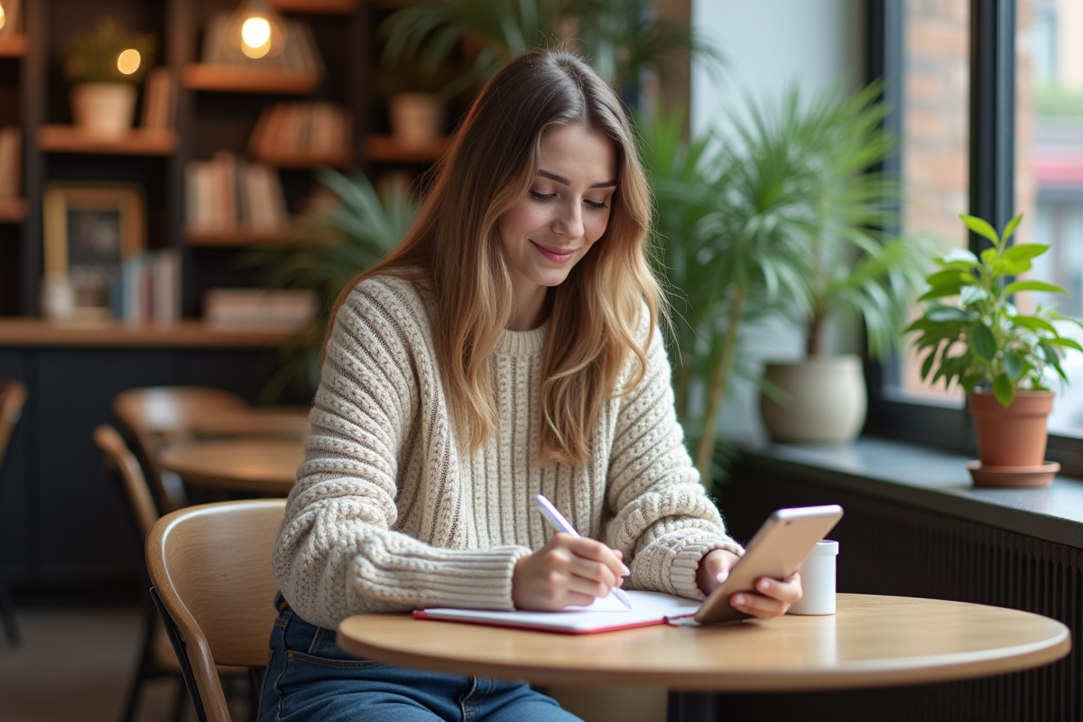 Jeune femme au café avec carnet et téléphone
