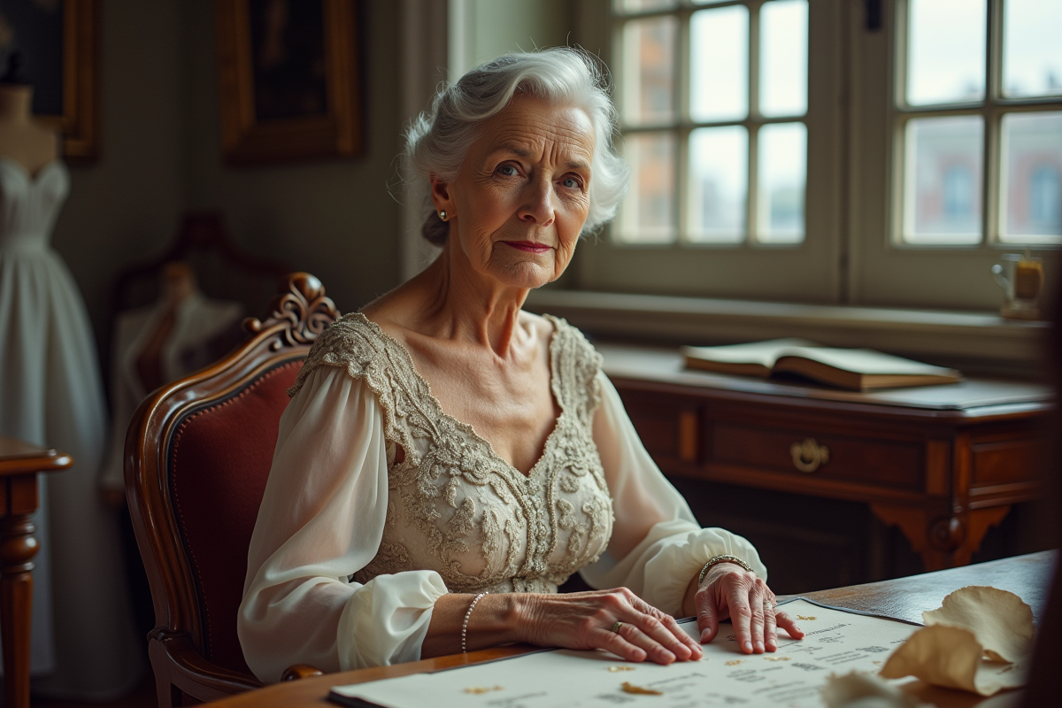 Femme âgée en robe couture dans un studio de mode vintage