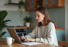 Femme assise à la cuisine avec ordinateur et notes