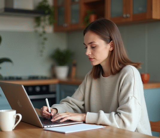 Femme assise à la cuisine avec ordinateur et notes