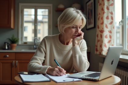 Femme d'âge moyen réfléchissant à ses finances dans une cuisine chaleureuse