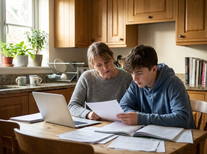 Femme et fils étudiant ensemble à la maison
