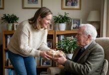 Quelques idées pour faire plaisir sans se tromper Femme souriante offrant un cadeau à un homme dans un salon chaleureux