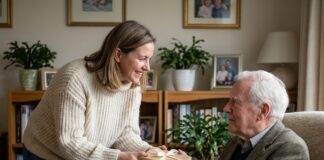 Quelques idées pour faire plaisir sans se tromper Femme souriante offrant un cadeau à un homme dans un salon chaleureux