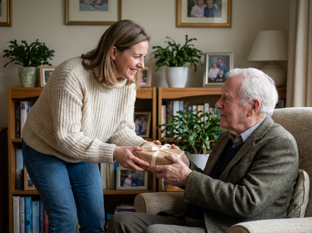 Femme souriante offrant un cadeau à un homme dans un salon chaleureux